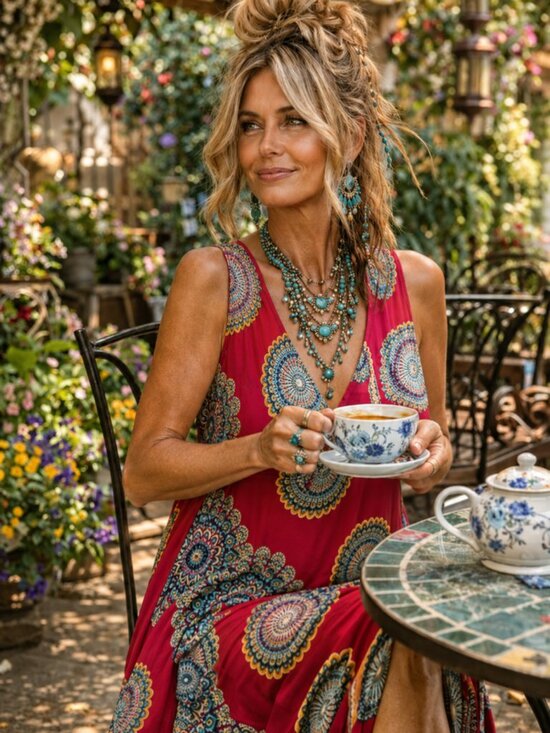 Dresses & Skirts - Bright Red Boho Maxi Dress with Medallion Print